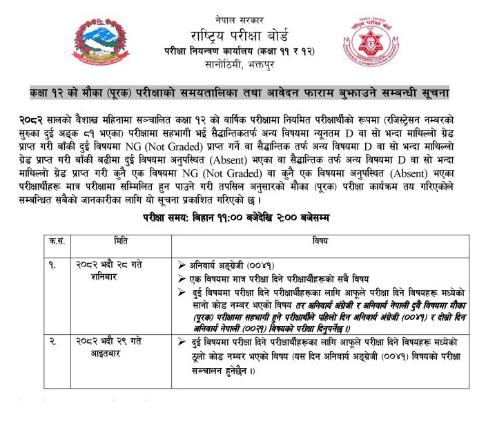 कक्षा १२ को ग्रेडवृद्धि परीक्षा फारम भर्ने सम्बन्धी सूचना ।